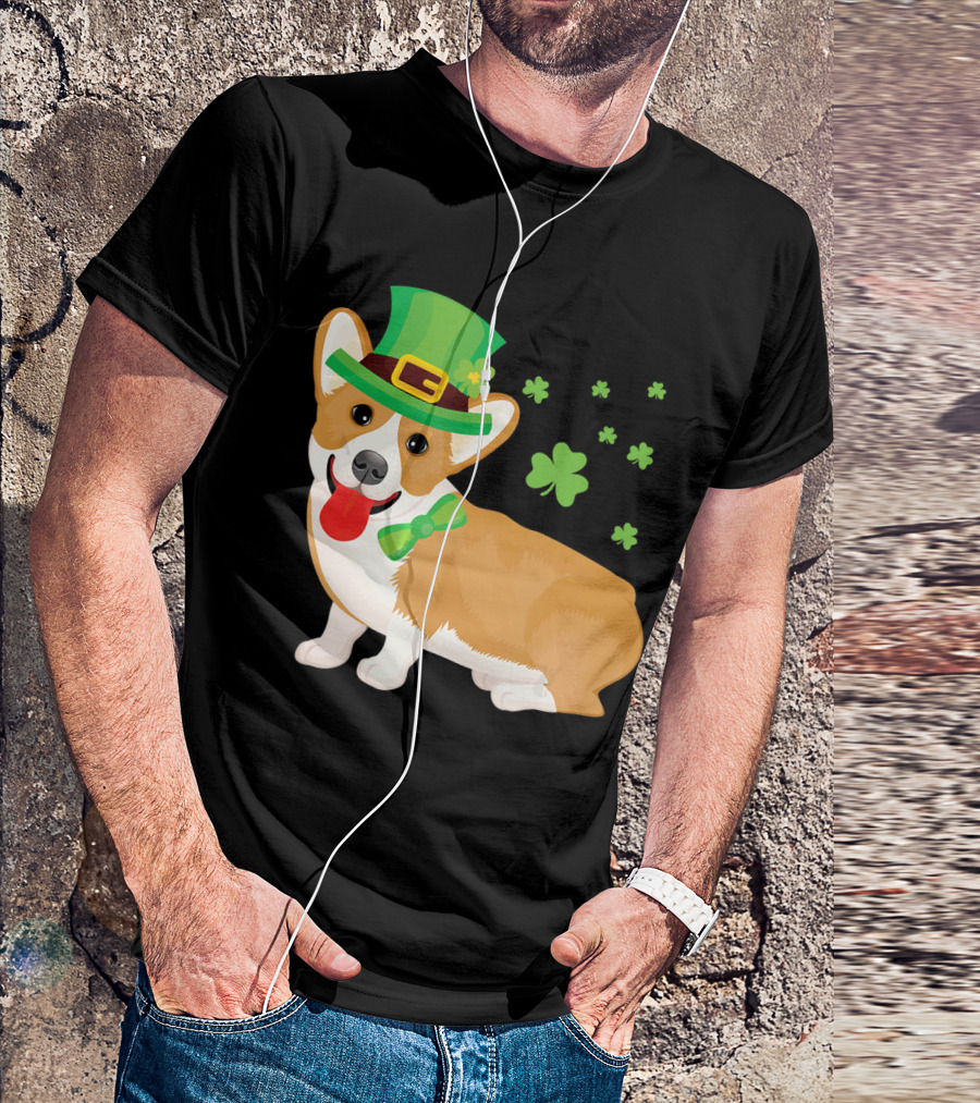 Corgi St Patrick's Day Lucky Shamrocks And Green Leprechaun Hat T-Shirt