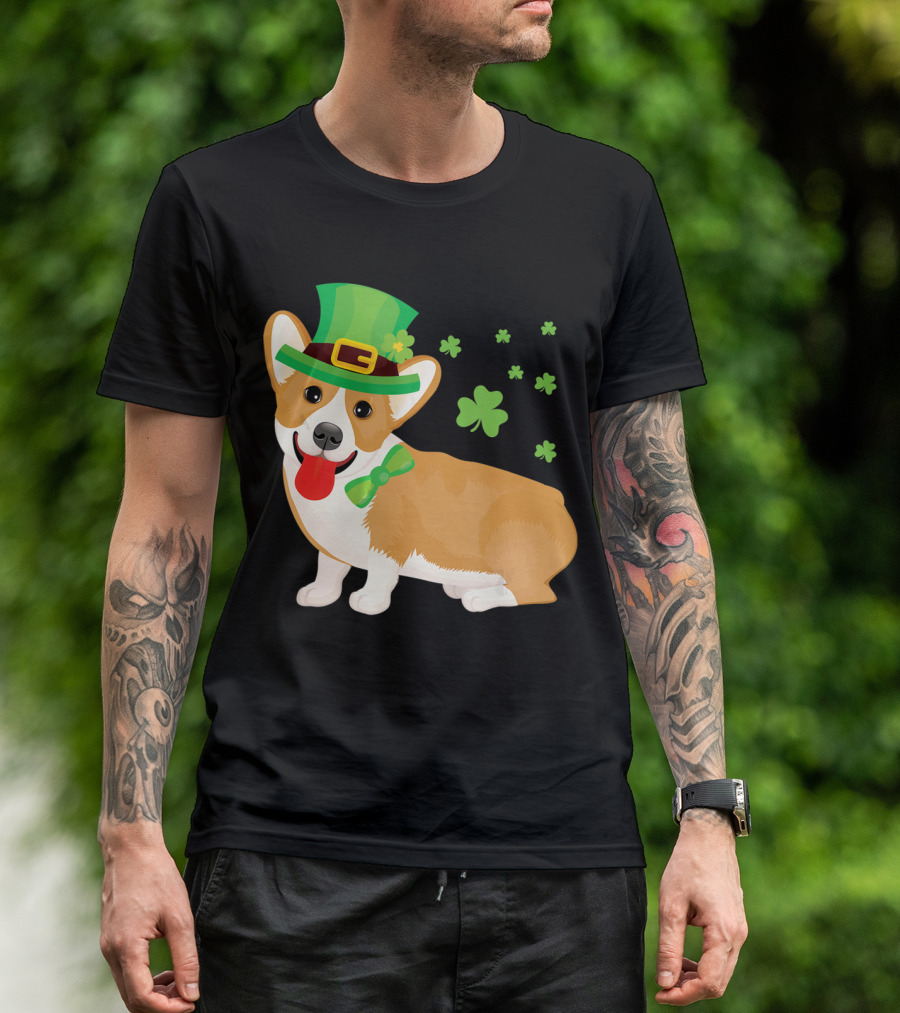 Corgi St Patrick's Day Lucky Shamrocks And Green Leprechaun Hat T-Shirt