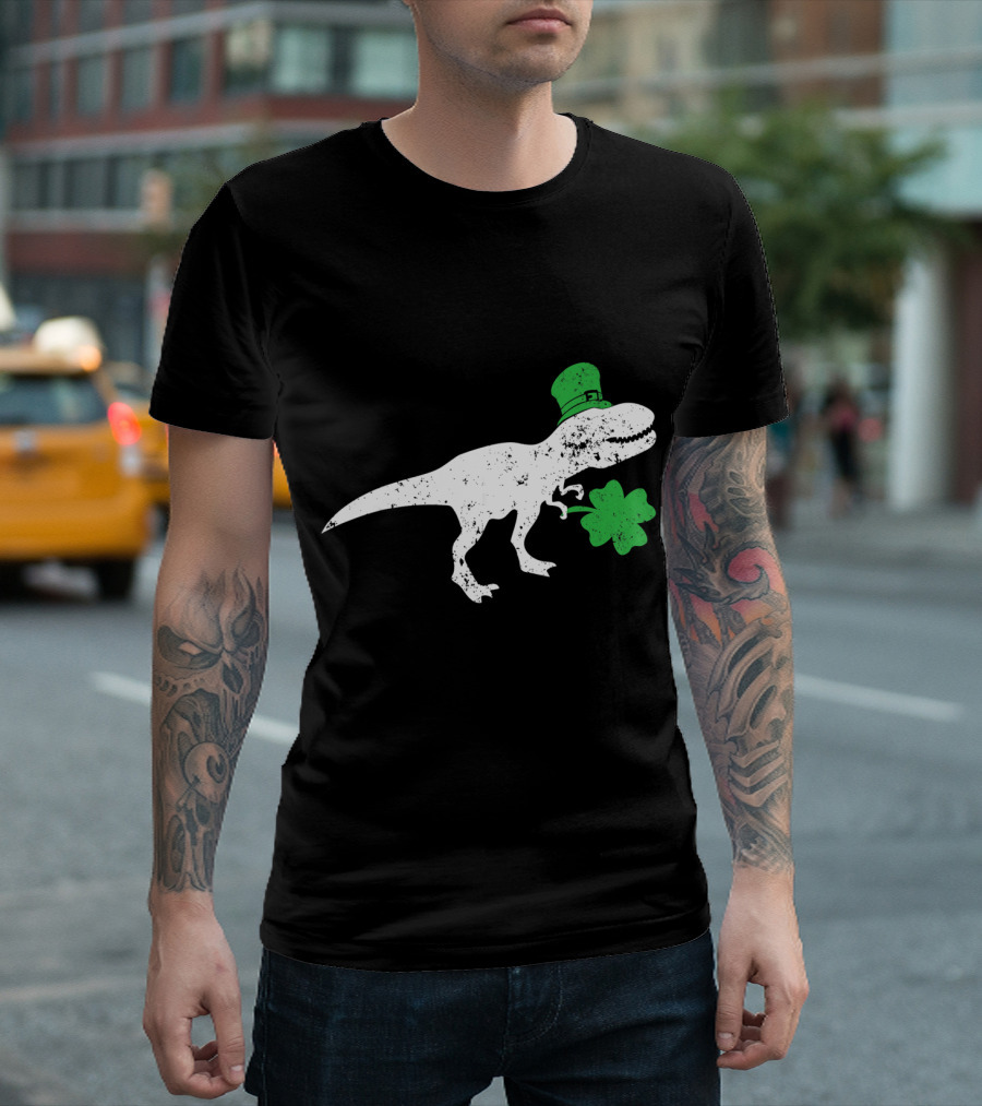 T-Rex Dinosaur with Leprechaun Hat and Shamrock for St Patricks Day T-Shirt
