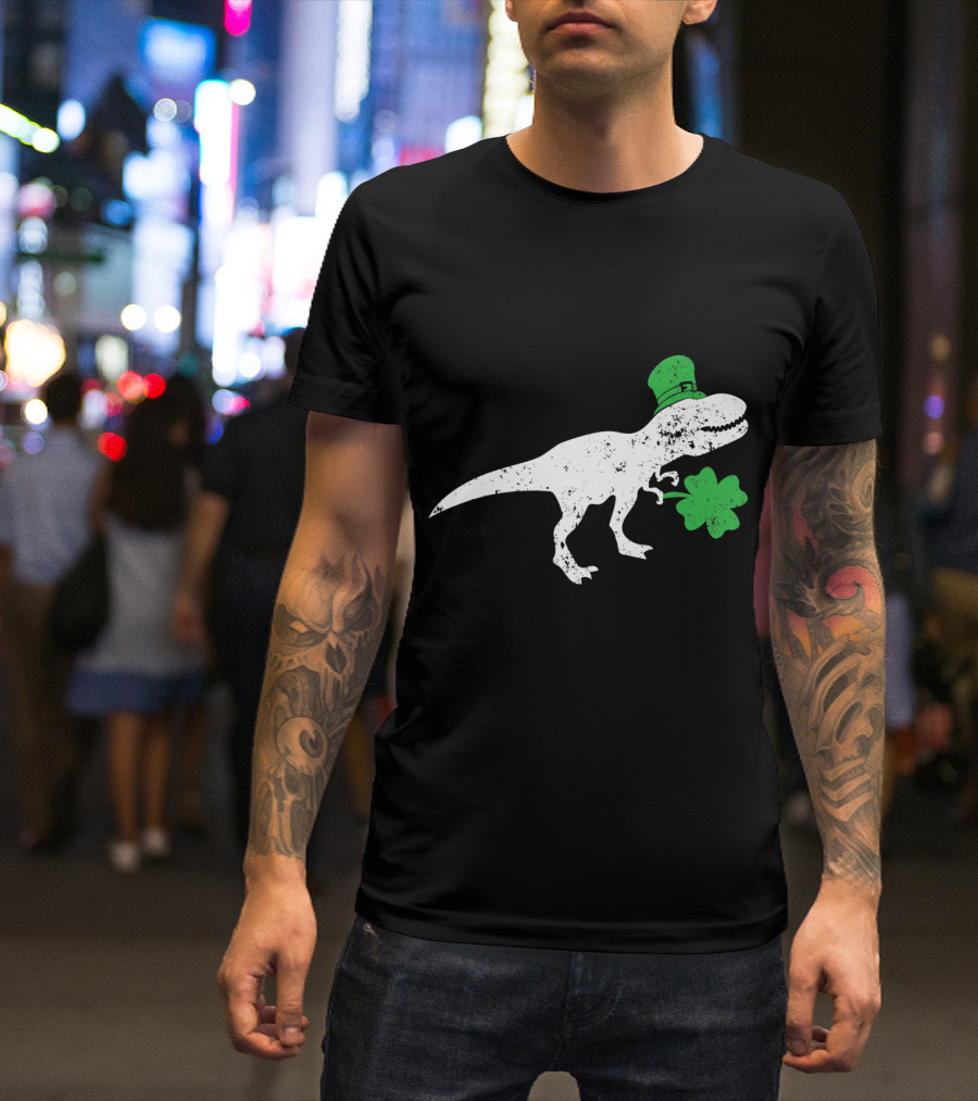 T-Rex Dinosaur With Leprechaun Hat And Shamrock For St Patricks Day T-Shirt