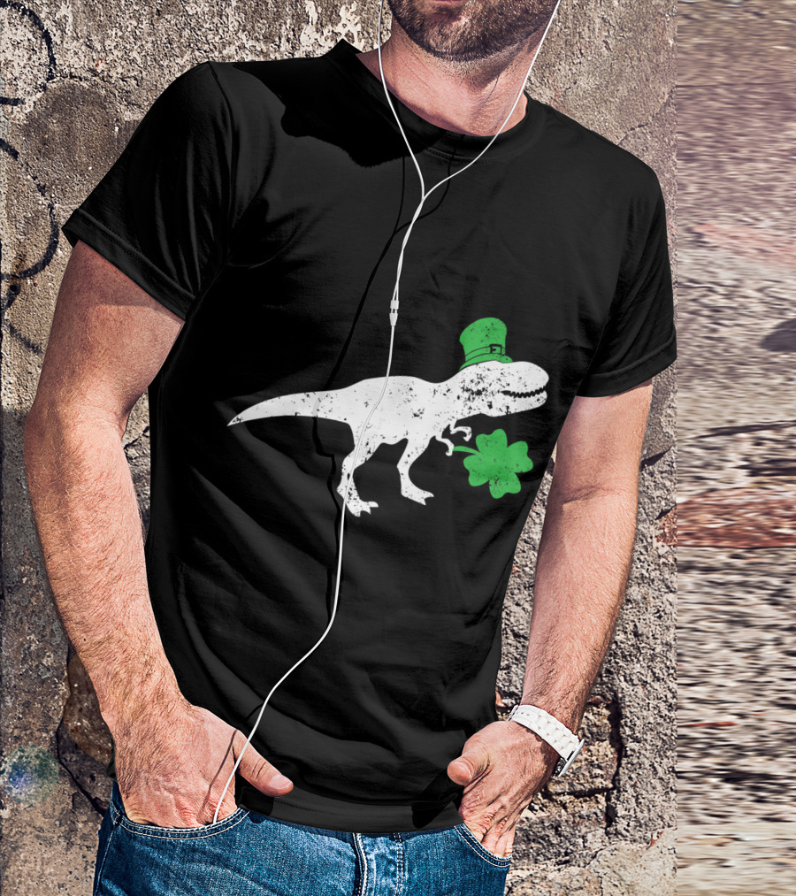 T-Rex Dinosaur With Leprechaun Hat And Shamrock For St Patricks Day T-Shirt