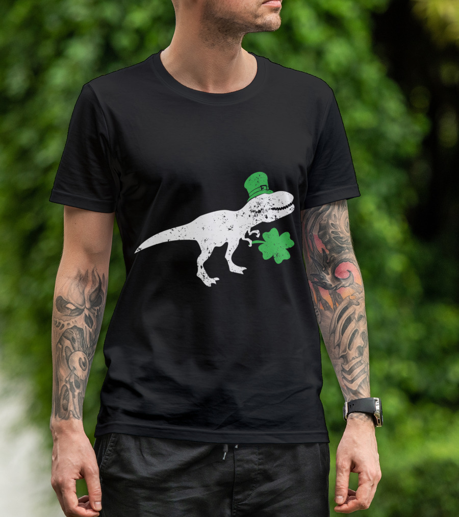 T-Rex Dinosaur With Leprechaun Hat And Shamrock For St Patricks Day T-Shirt