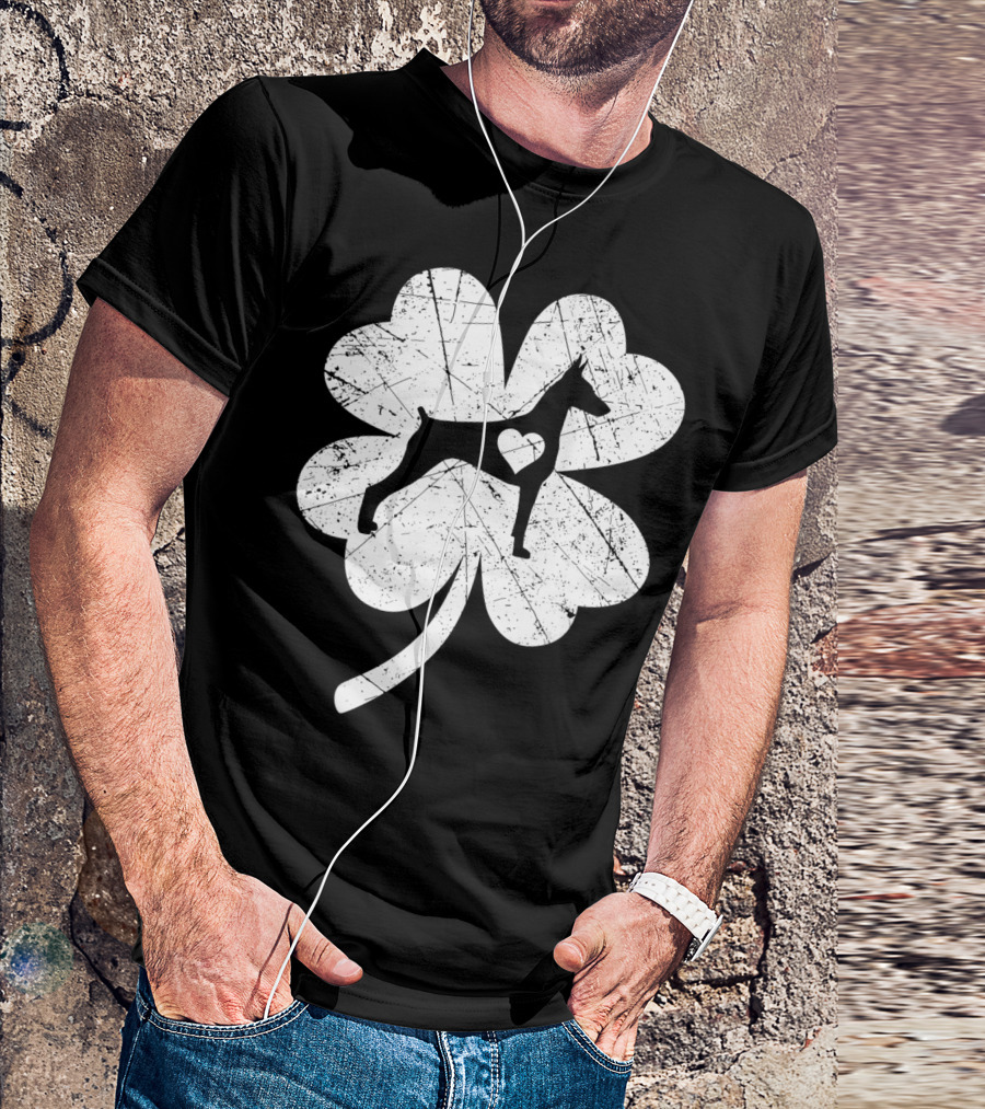 Doberman Silhouette Heart Shamrock Clover St Patricks Day Irish T-Shirt