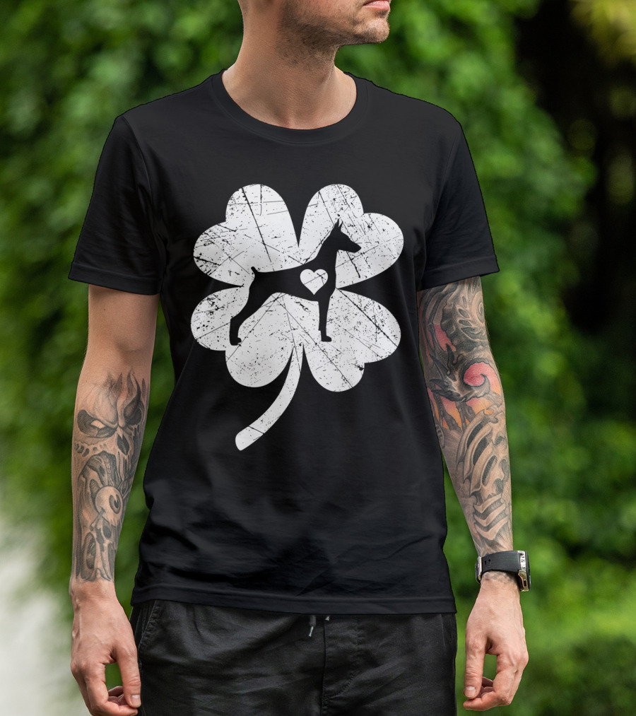 Doberman Silhouette Heart Shamrock Clover St Patricks Day Irish T-Shirt