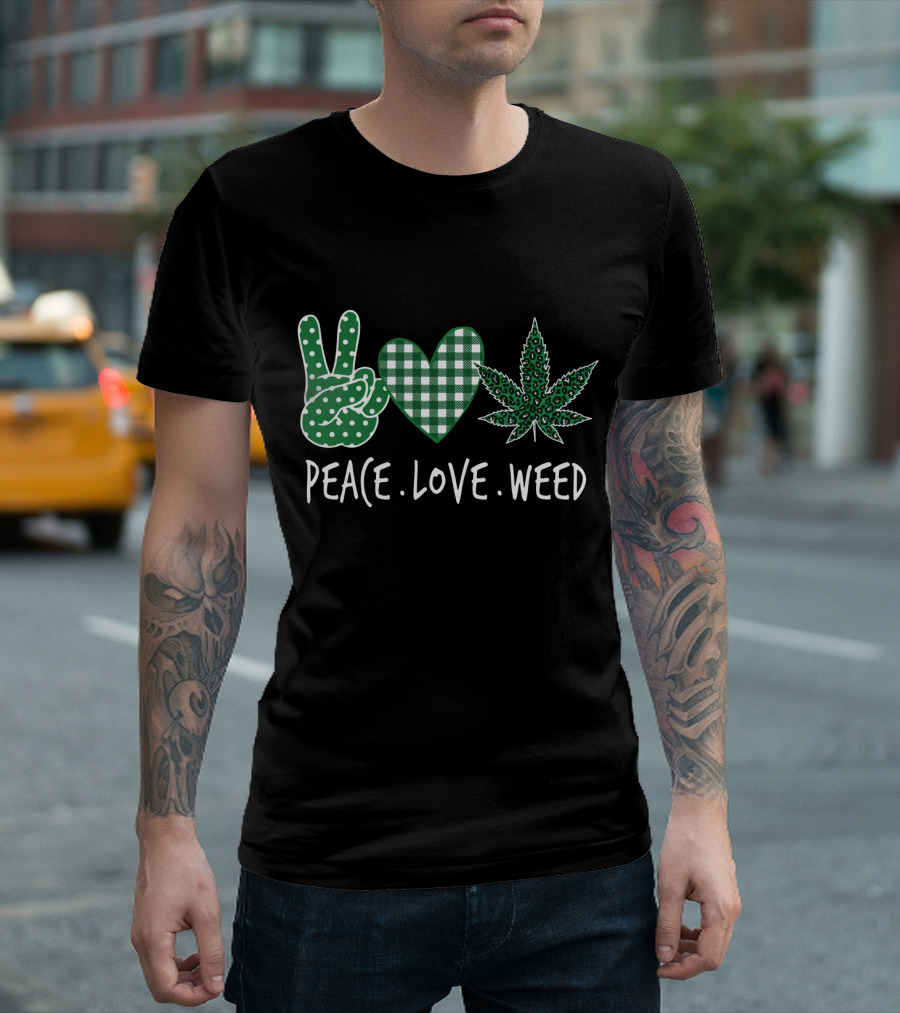 Peace Love Weed Shamrocks Green Heart Weed Leaf T-Shirt
