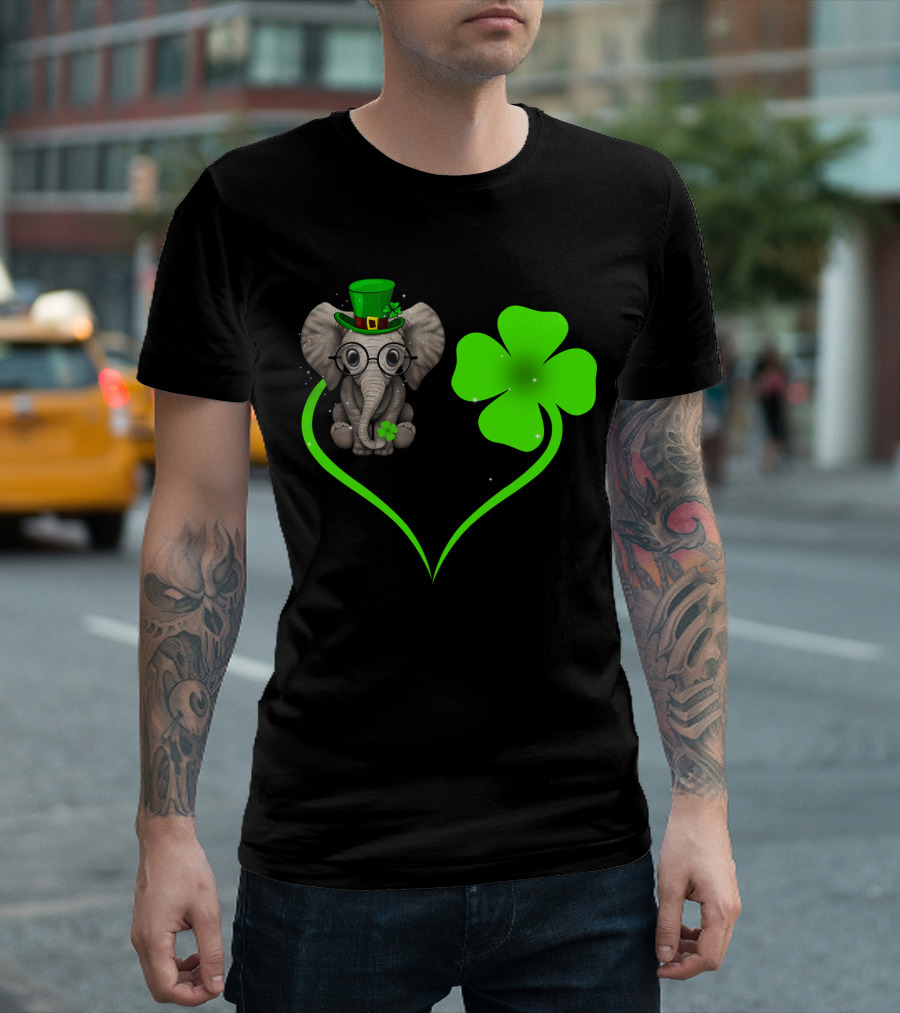 Elephant Wearing St. Patrick's Day Hat with Four-Leaf Clover and Heart-Shaped Shamrock Love T-Shirt