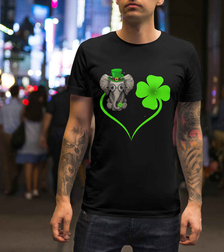 Elephant Wearing St. Patrick's Day Hat With Four-Leaf Clover And Heart-Shaped Shamrock Love T-Shirt