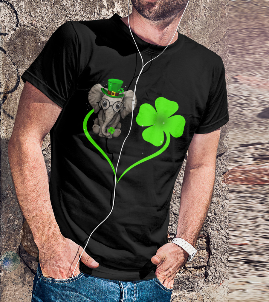 Elephant Wearing St. Patrick's Day Hat With Four-Leaf Clover And Heart-Shaped Shamrock Love T-Shirt