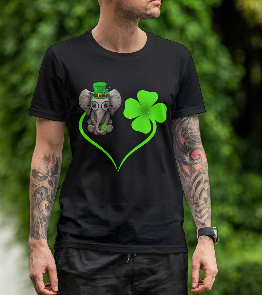 Elephant Wearing St. Patrick's Day Hat With Four-Leaf Clover And Heart-Shaped Shamrock Love T-Shirt
