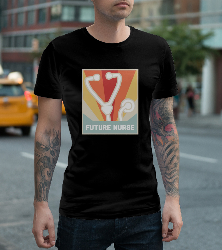 Retro Style Future Nurse Stethoscope Icon With Sunburst Background T-Shirt