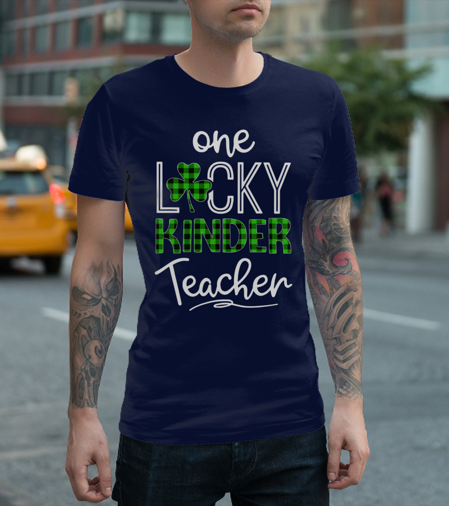 One Lucky Kinder Teacher Shamrock Plaid T-Shirt
