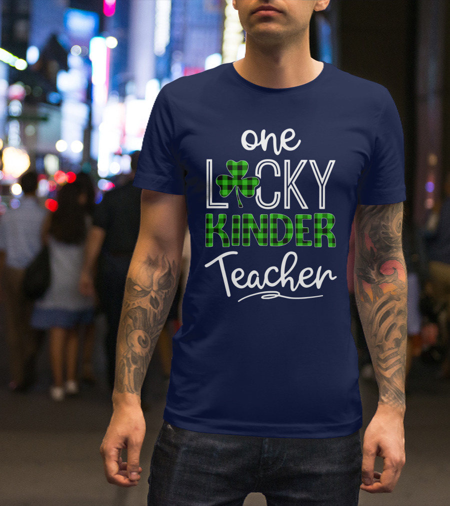 One Lucky Kinder Teacher Shamrock Plaid T-Shirt
