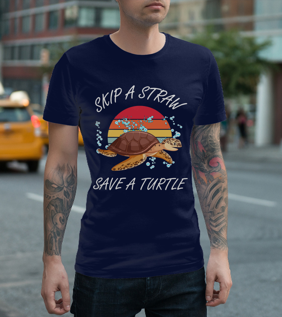 Skip a Straw Save a Turtle Retro Sunset Ocean T-Shirt