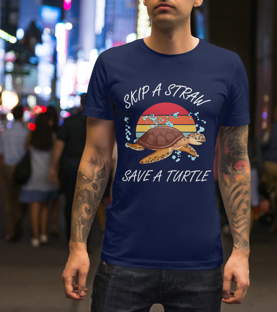 Skip A Straw Save A Turtle Retro Sunset Ocean T-Shirt