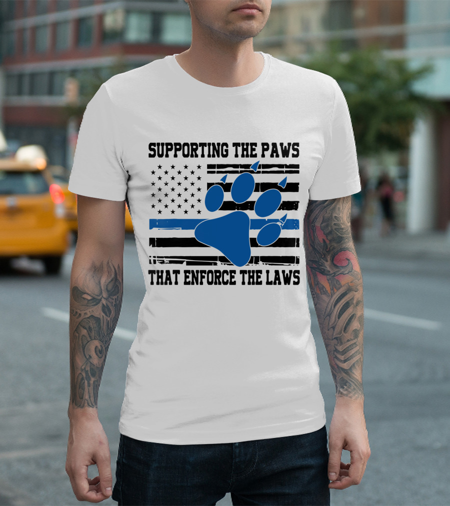 Supporting the Paws that Enforce the Laws American Flag Blue Paw Prints T-Shirt