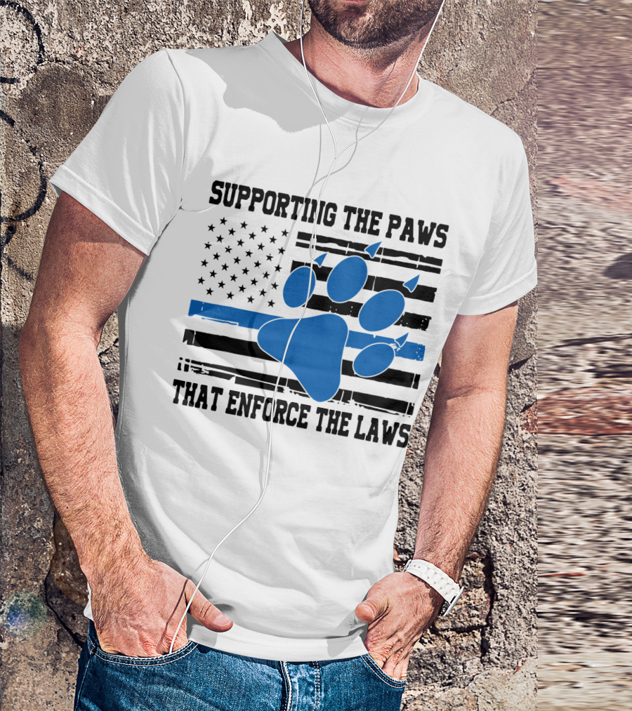 Supporting The Paws That Enforce The Laws American Flag Blue Paw Prints T-Shirt