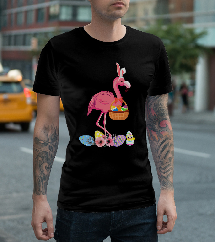 Flamingo with Easter Basket and Colorful Eggs T-Shirt