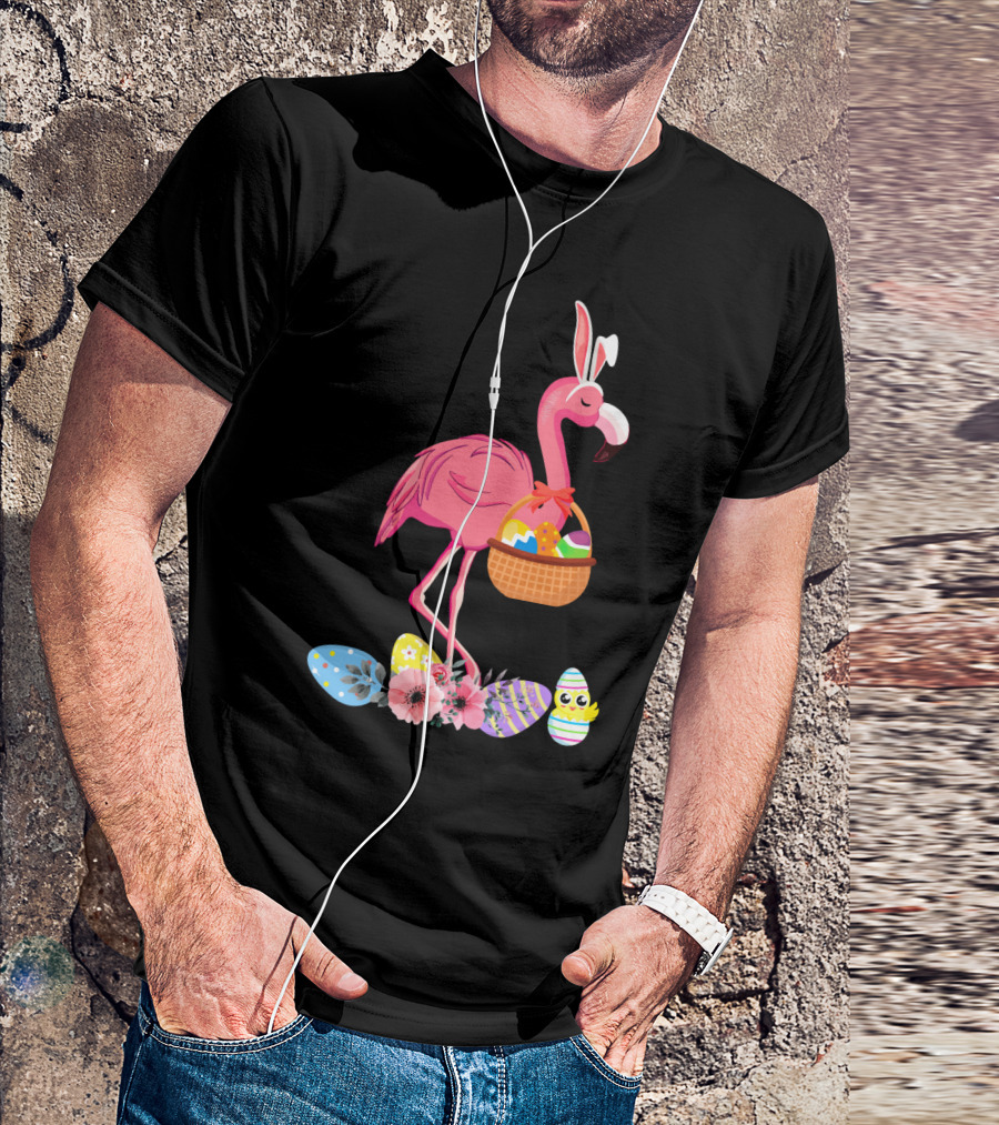 Flamingo With Easter Basket And Colorful Eggs T-Shirt