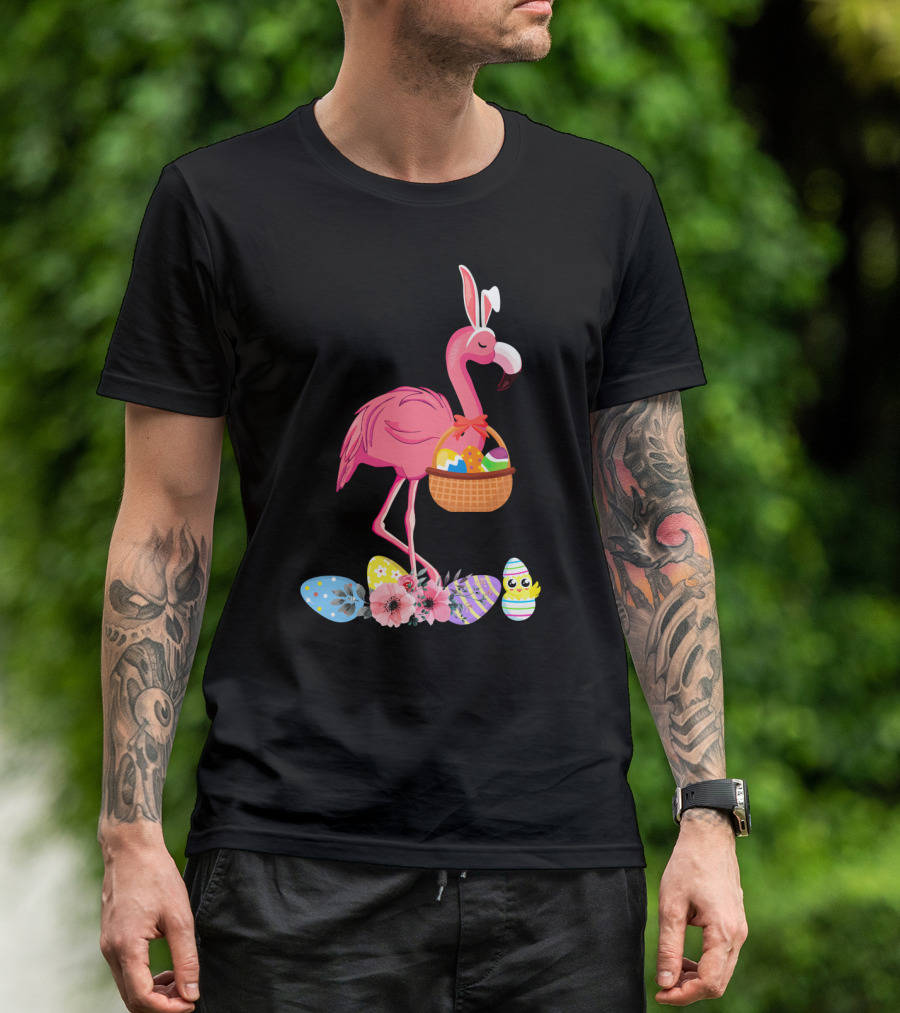 Flamingo With Easter Basket And Colorful Eggs T-Shirt