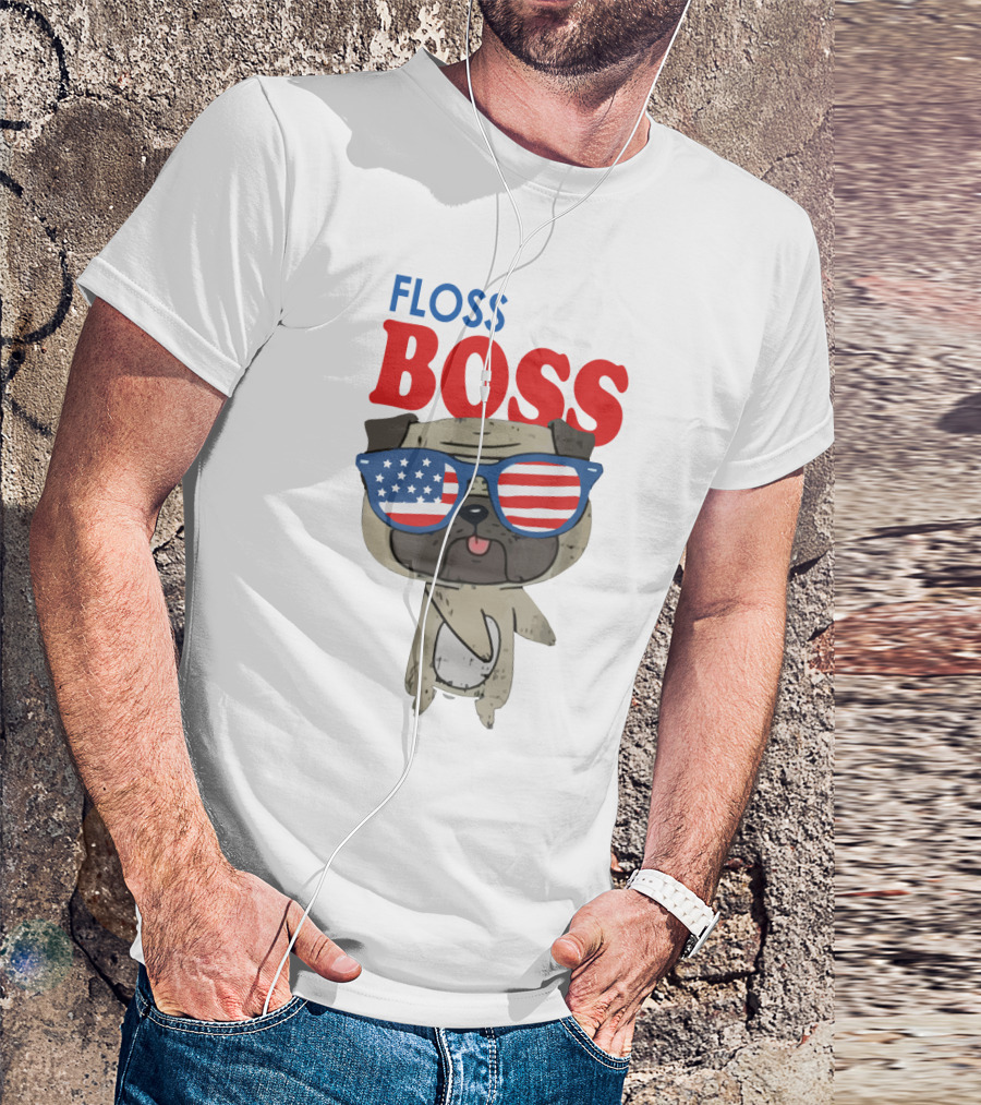 Floss Like A Boss Bulldog With American Flag Sunglasses T-Shirt