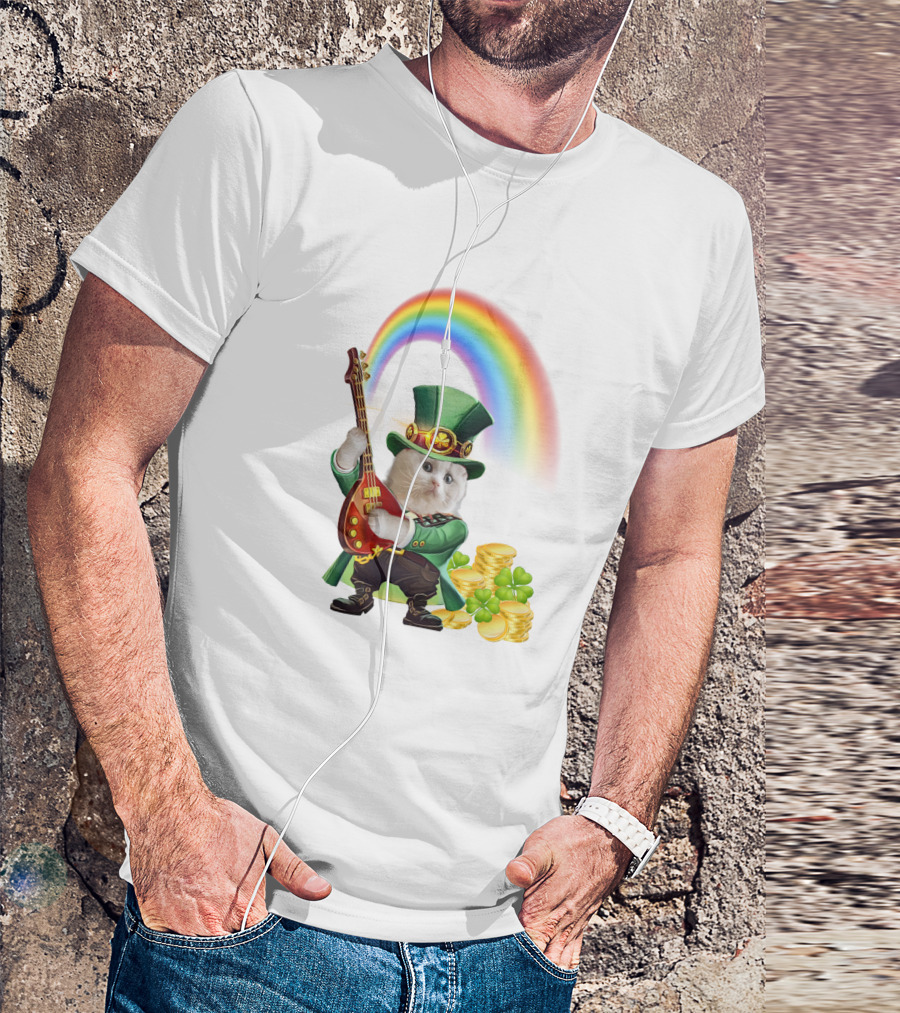 Cat Playing Guitar In Leprechaun Outfit With Rainbow And Gold Coins T-Shirt