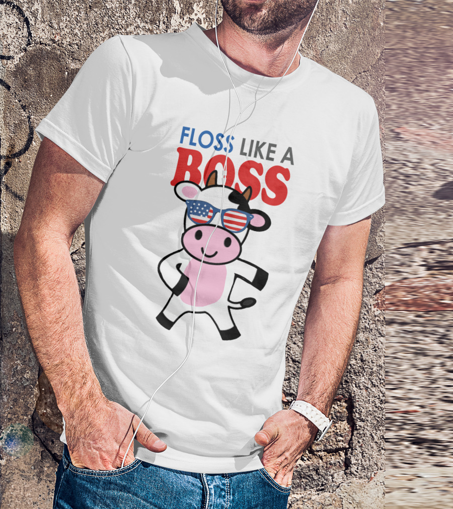Floss Like A Boss Cow With American Flag Sunglasses T-Shirt