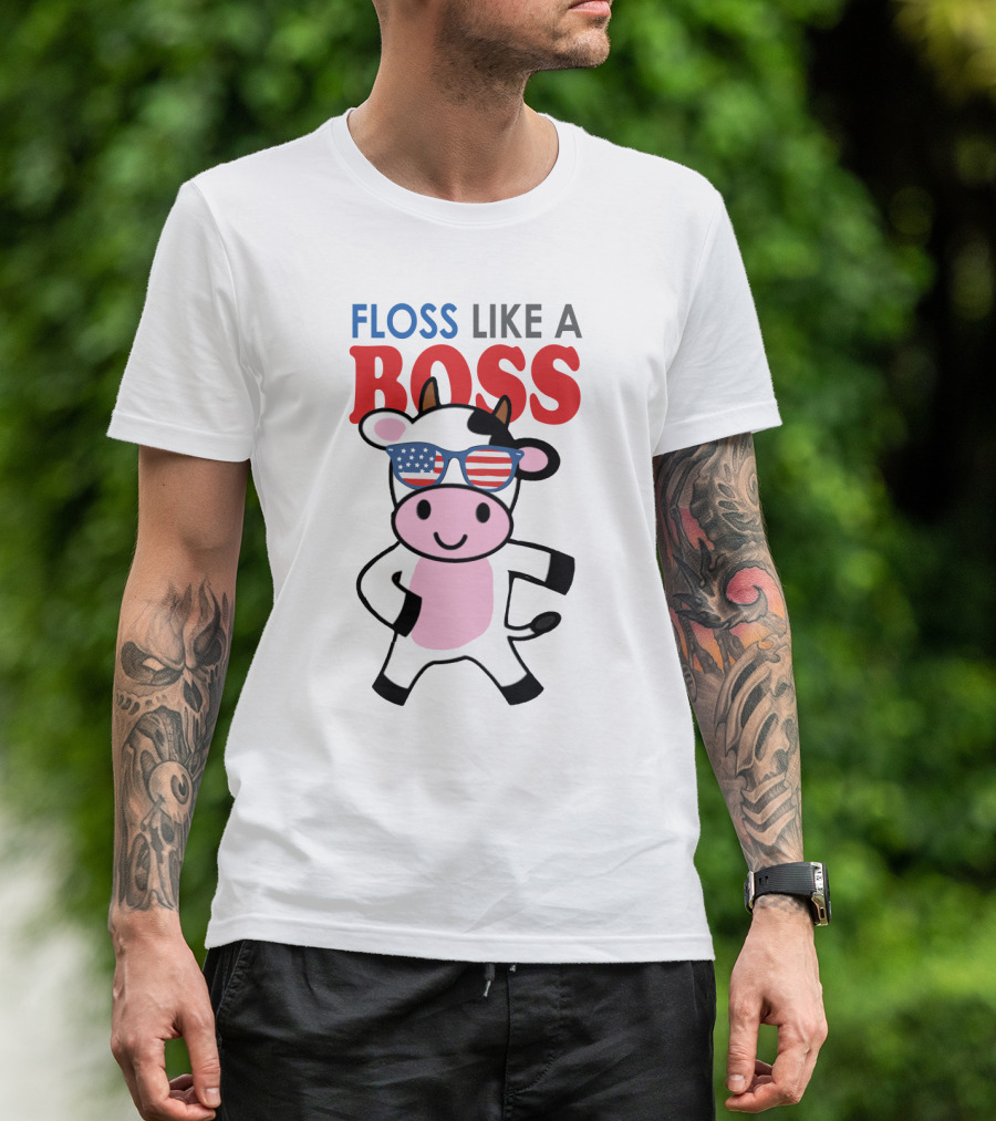 Floss Like A Boss Cow With American Flag Sunglasses T-Shirt