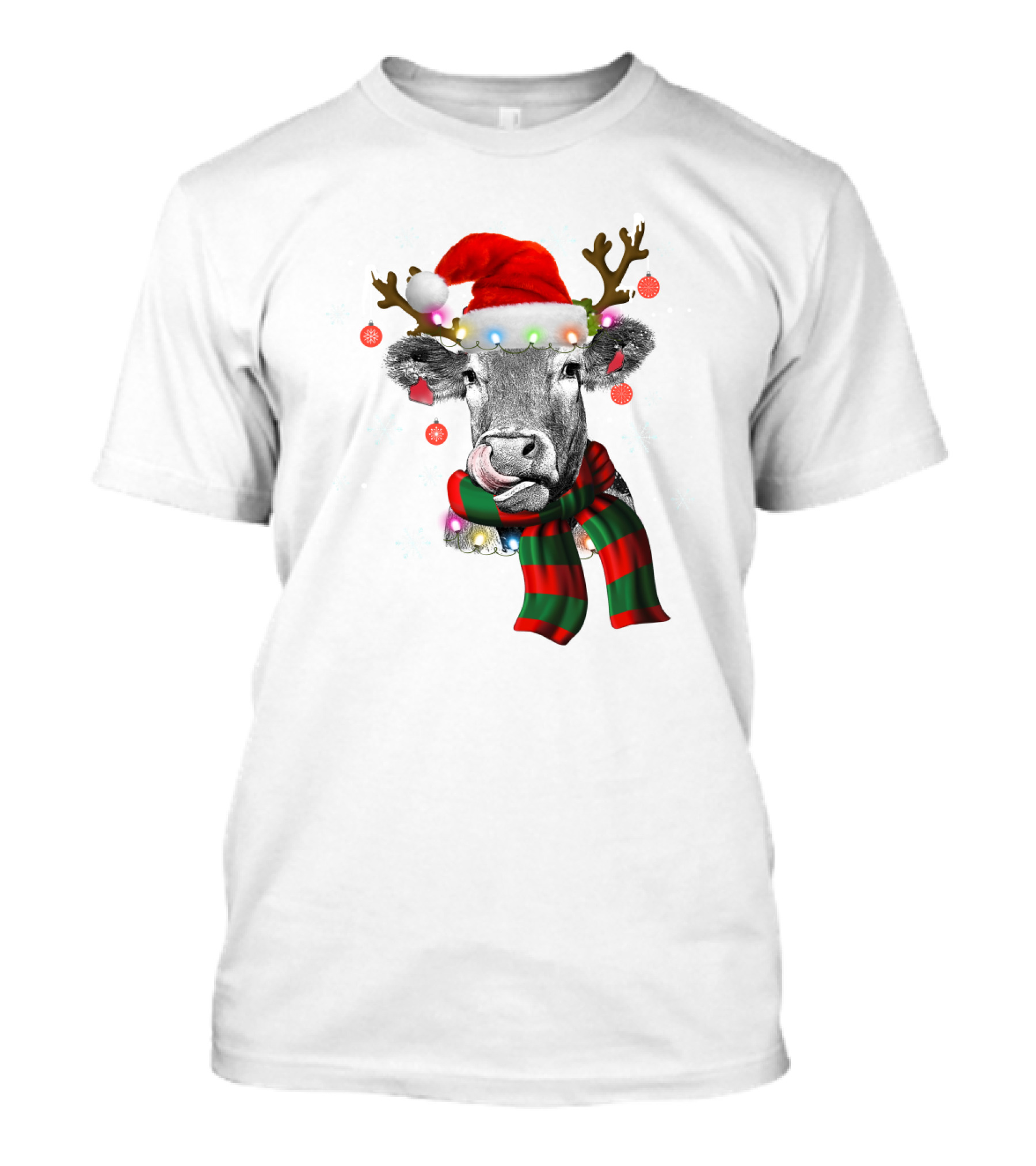 Cows Reindeer Santa Claus Christmas Lights Scarf Antlers Snowflakes Ornaments T-Shirt