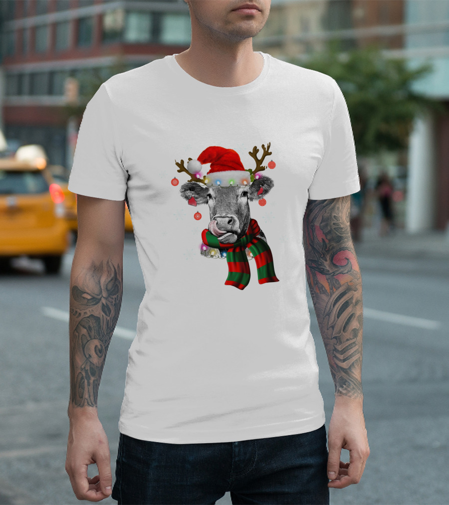 Cows Reindeer Santa Claus Christmas Lights Scarf Antlers Snowflakes Ornaments T-Shirt
