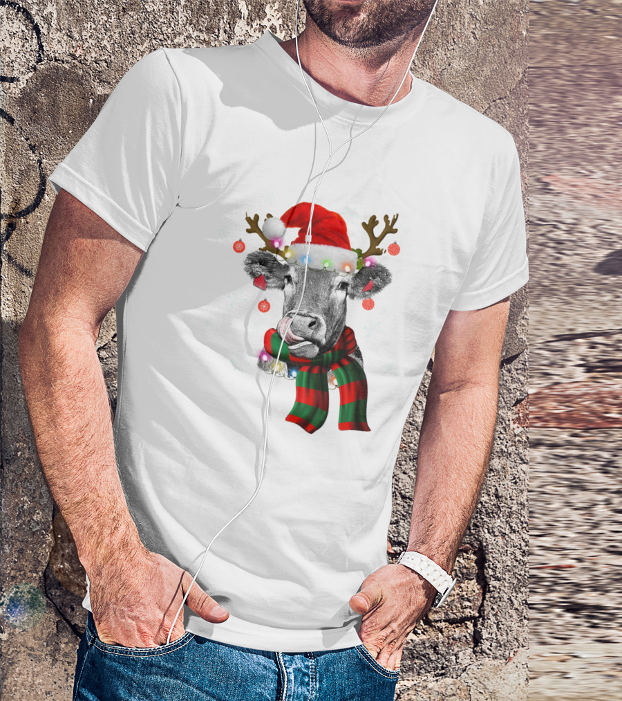 Cows Reindeer Santa Claus Christmas Lights Scarf Antlers Snowflakes Ornaments T-Shirt