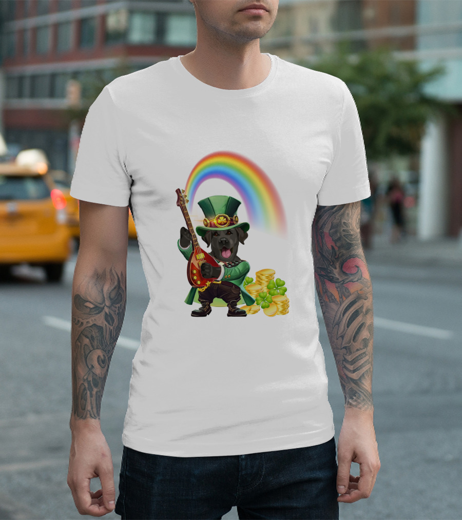 Dog Rocking Irish Luck Rainbow Guitar T-Shirt