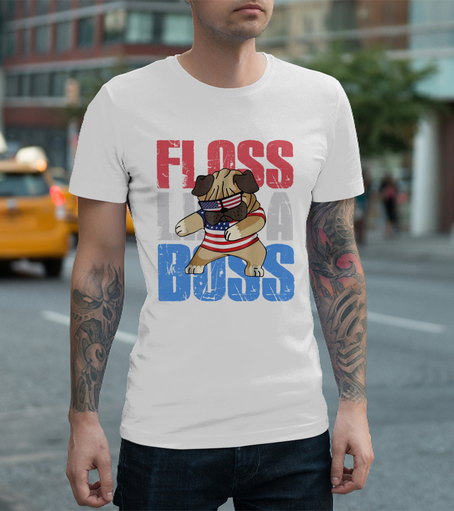 Floss Like a Boss American Flag Bulldog with Sunglasses T-Shirt