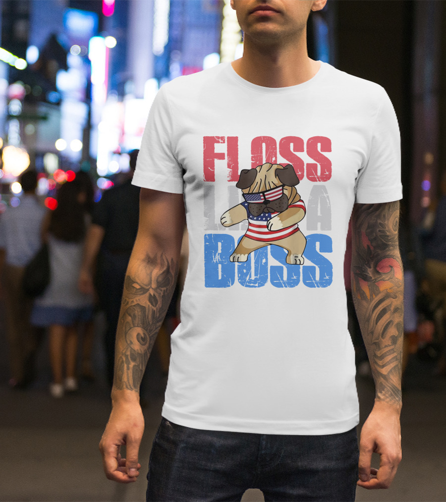 Floss Like A Boss American Flag Bulldog With Sunglasses T-Shirt