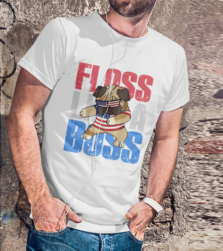 Floss Like A Boss American Flag Bulldog With Sunglasses T-Shirt