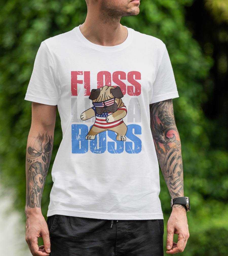 Floss Like A Boss American Flag Bulldog With Sunglasses T-Shirt