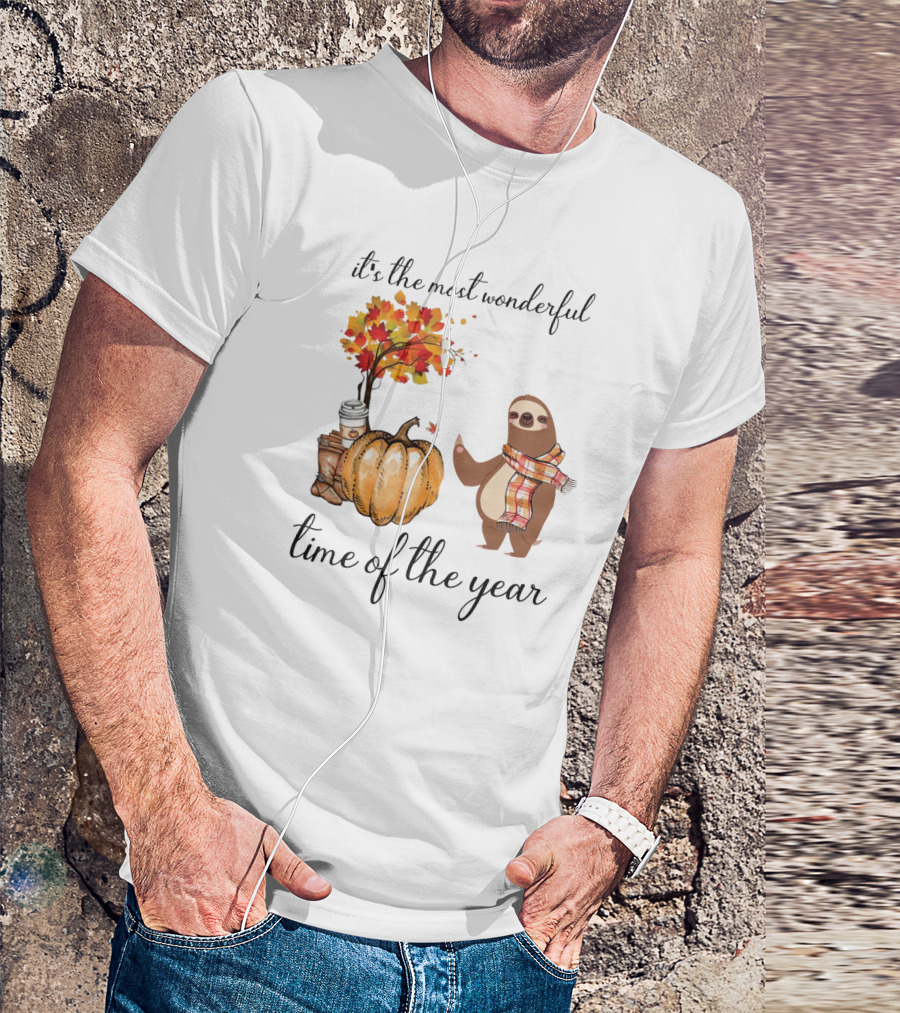 It's The Most Wonderful Time Of The Year Sloths Pumpkin Coffee Leaves Fall T-Shirt