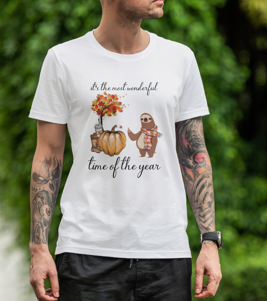 It's The Most Wonderful Time Of The Year Sloths Pumpkin Coffee Leaves Fall T-Shirt