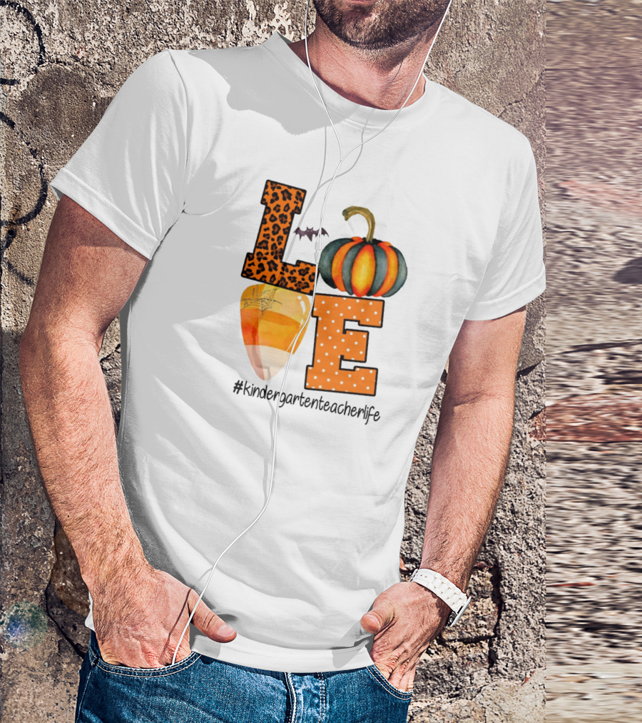 Love Kindergarten Teacher Life Halloween Pumpkin Candy Corn Leopard Print T-Shirt