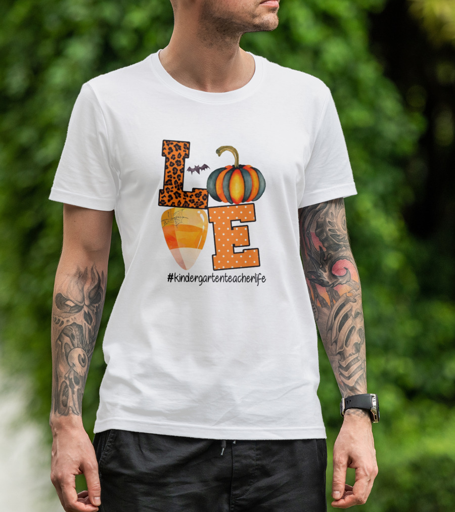 Love Kindergarten Teacher Life Halloween Pumpkin Candy Corn Leopard Print T-Shirt
