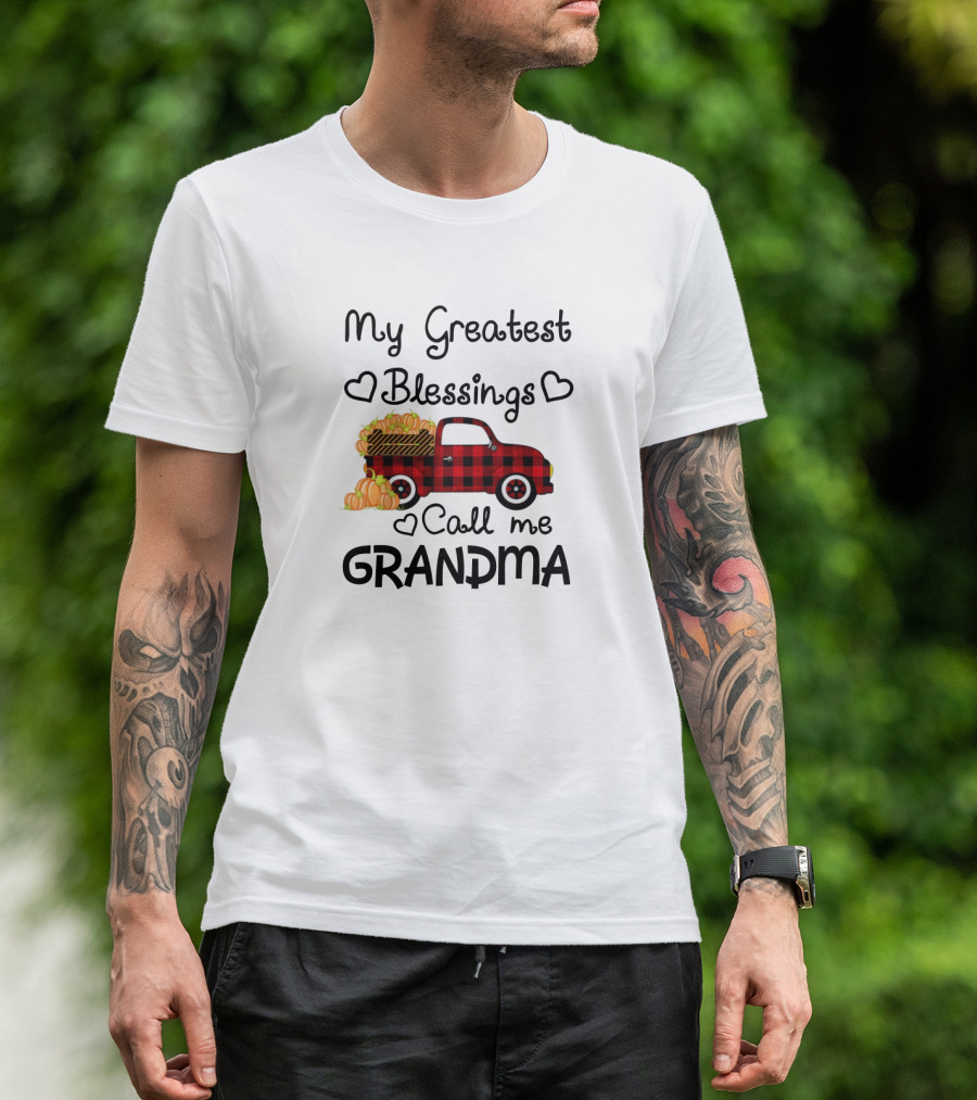 My Greatest Blessings Call Me Grandma Red Plaid Truck With Pumpkins T-Shirt