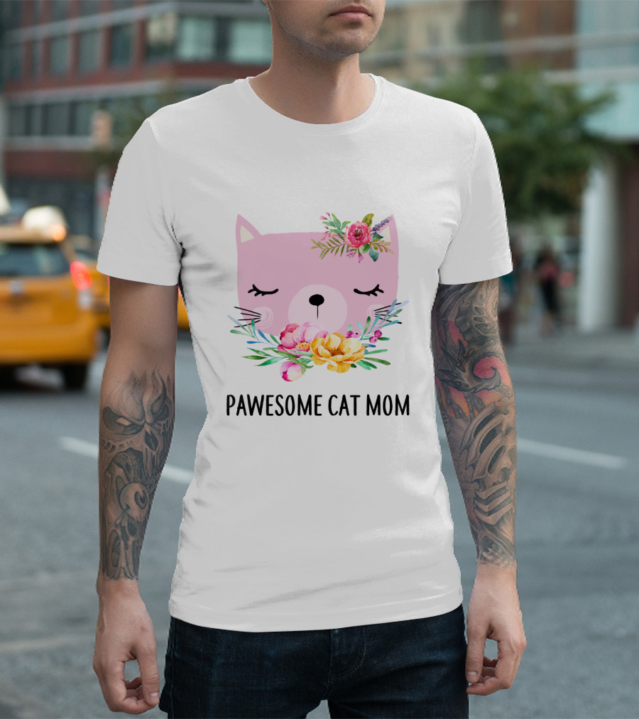 PAWESOME CAT MOM FLORAL PINK FACE T-Shirt