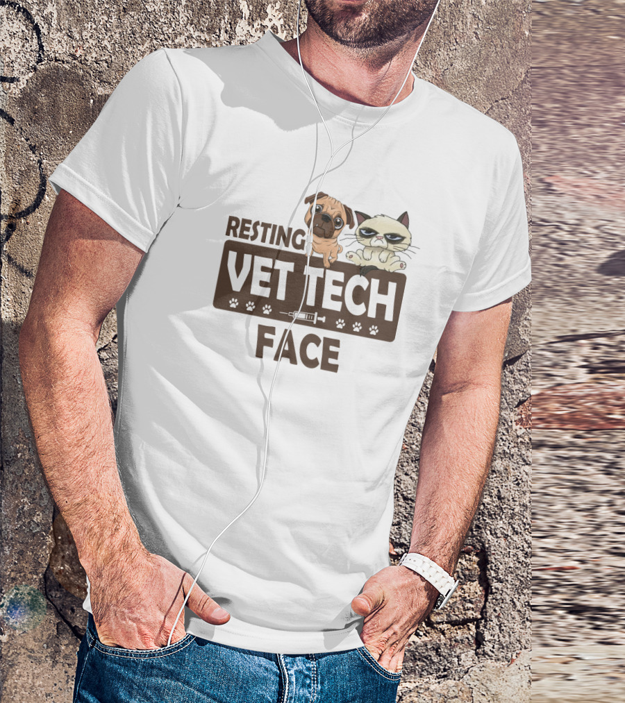 Resting Vet Tech Face Pug Cat Paw Syringe T-Shirt
