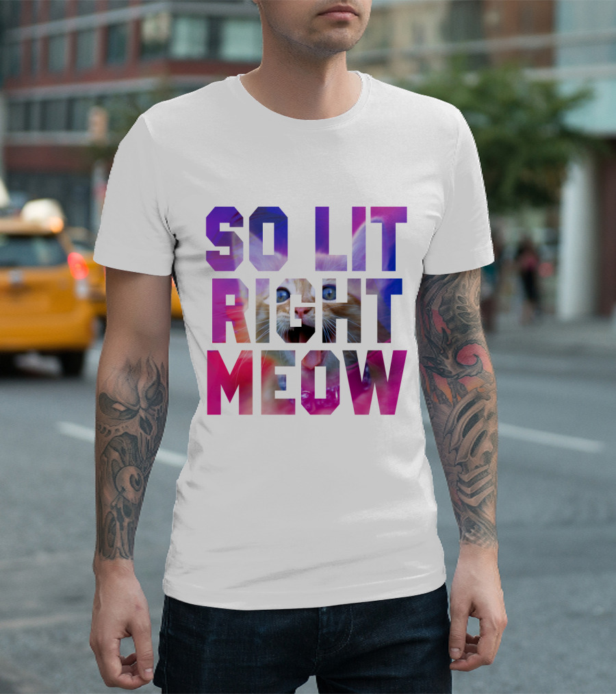 SO LIT RIGHT MEOW Cat Typography T-Shirt