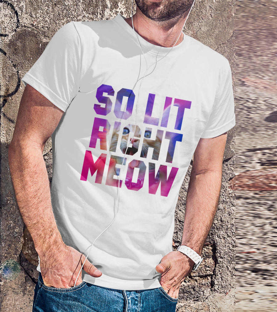 SO LIT RIGHT MEOW Cat Typography T-Shirt