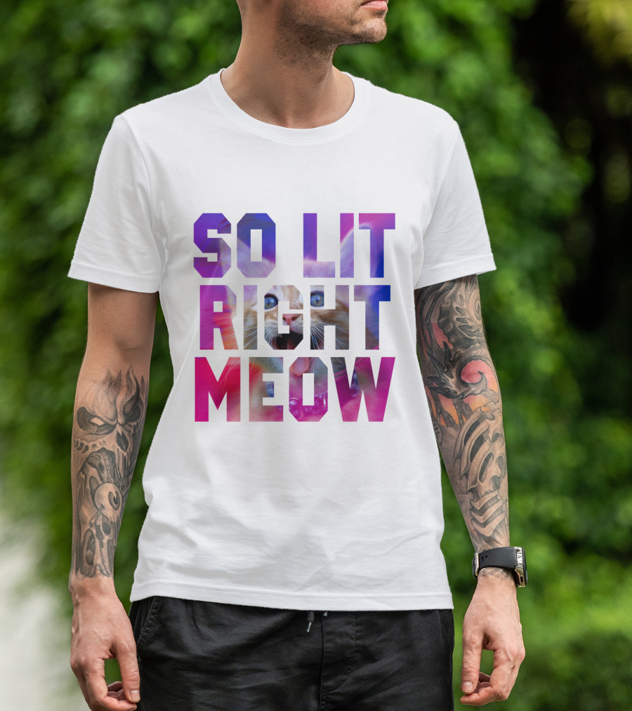 SO LIT RIGHT MEOW Cat Typography T-Shirt