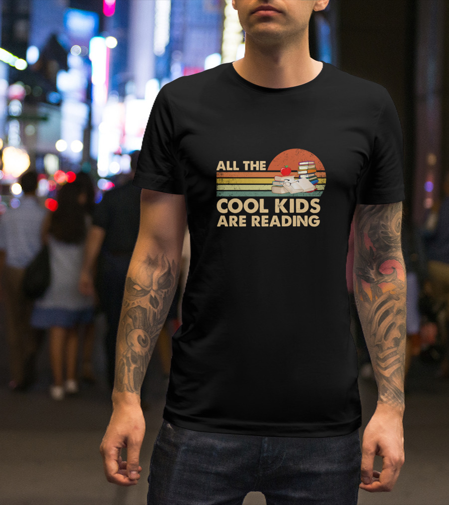 All The Cool Kids Are Reading Books Stack And Apple T-Shirt