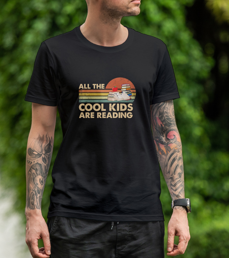 All The Cool Kids Are Reading Books Stack And Apple T-Shirt