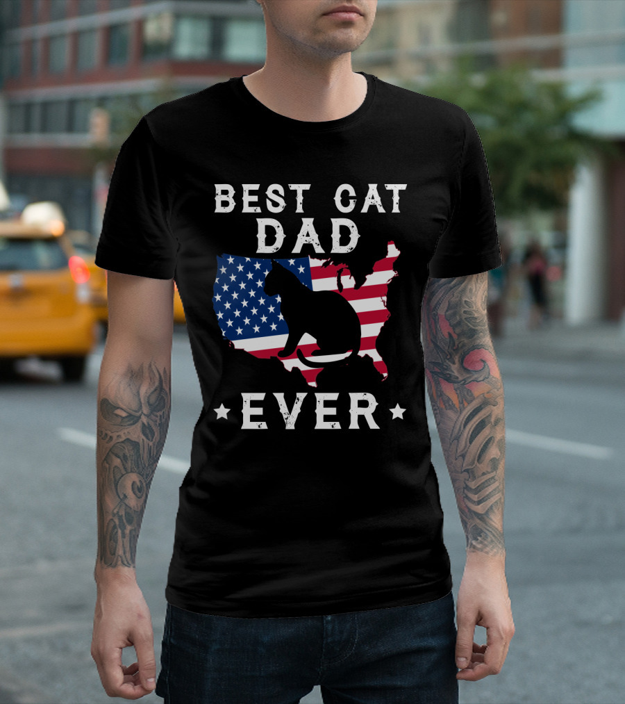Best Cat Dad Ever USA Flag Cat T-Shirt