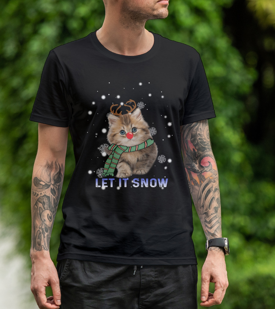 Cat Rudolph Reindeer Antlers Merry Christmas Let It Snow T-Shirt