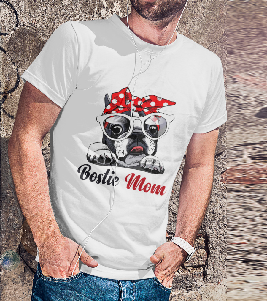 Bostie Mom Glasses And Red Polka Dot Headband Dog T-Shirt